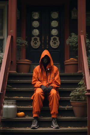 Man in orange raincoat sitting on the stairs in front of his houseの素材