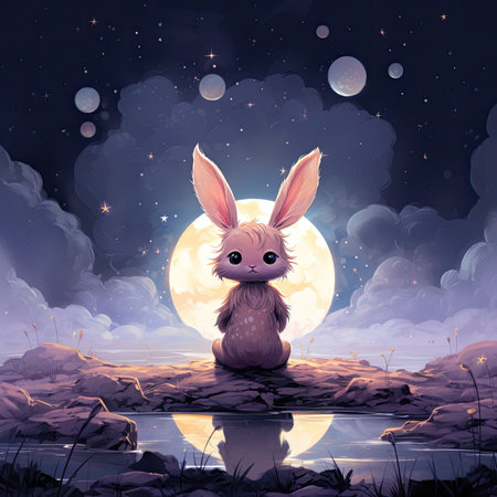 Illustration of a little rabbit sitting on a rock in the moonlightの素材