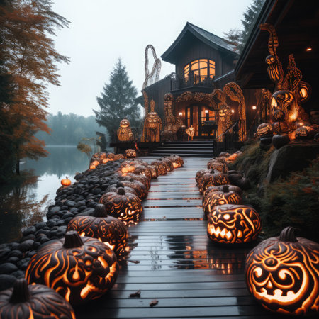 Halloween decoration with pumpkins on wooden walkway in the forestの素材