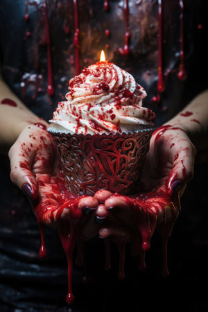 Female hands holding cupcake with whipped cream and red blood on dark backgroundの素材
