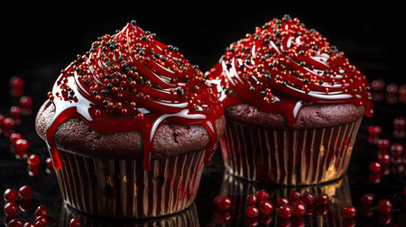 Chocolate cupcakes with red frosting and cranberries on black backgroundの素材