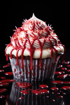 Red velvet cupcake on a black background. Shallow dof.の素材