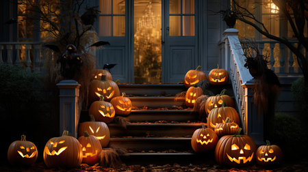 Halloween pumpkins in front of the house. 3D renderingの素材