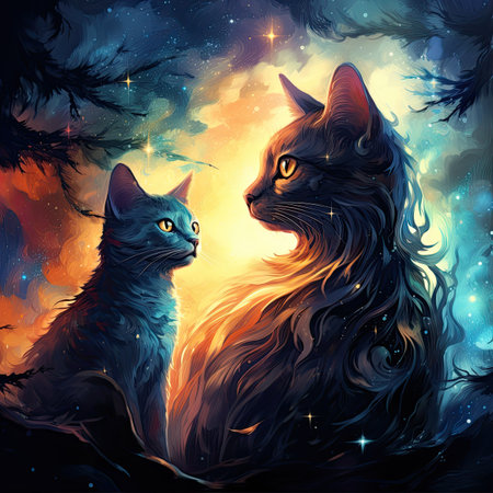 Two cats in the forest at night. Illustration for your designの素材