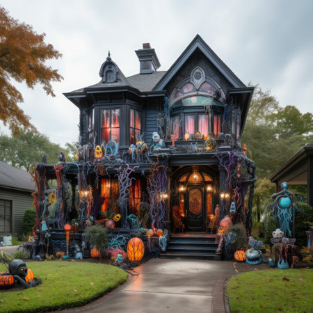 Halloween decoration in front of a haunted house with pumpkins.の素材