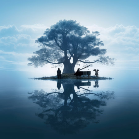 Silhouette of a man and a woman sitting at a piano in the lakeの素材