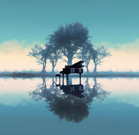 Piano in a foggy landscape with trees and reflection on waterの素材