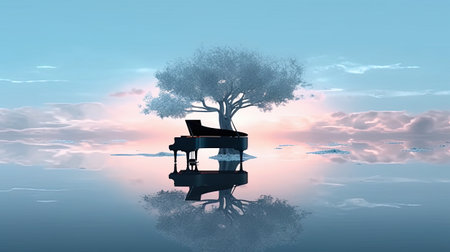 Piano and tree with reflection in water. 3D illustration.の素材