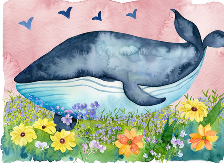 Watercolor illustration of a whale in the meadow with flowers.の素材