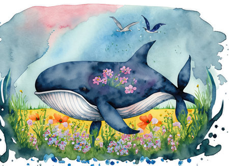 Watercolor illustration of a whale in the meadow with flowers.の素材