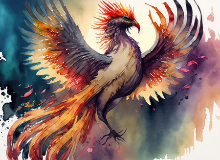 Watercolor illustration of a rooster in the form of a dragon.の素材