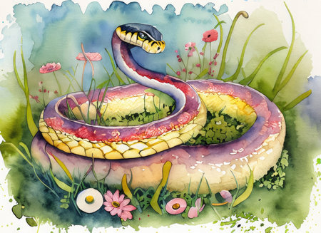Watercolor illustration of a snake in a meadow with flowers.の素材