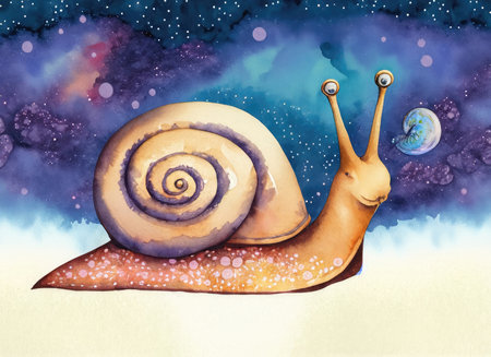 Illustration of a snail on the background of the night sky.の素材