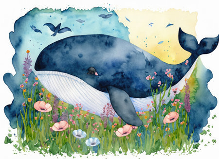 Watercolor illustration of a cute whale in the field with flowers.の素材
