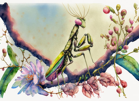 Praying mantis on a branch with flowers. Watercolor illustrationの素材