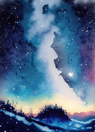 Winter night sky with stars and snowflakes. Watercolor illustration.の素材