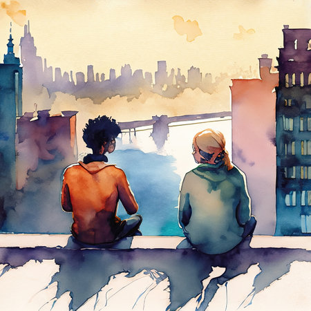 Two young men sitting on the balcony and looking at the city.の素材