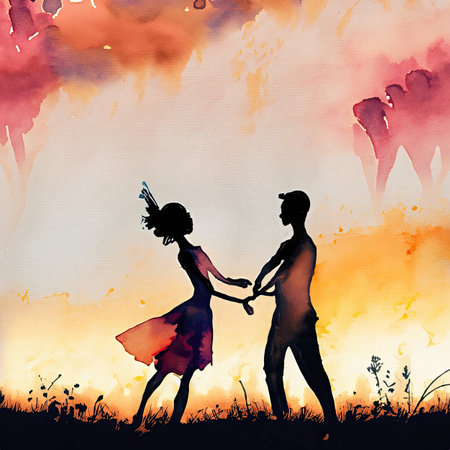 Silhouette of a man and a woman holding hands. Watercolor paintingの素材