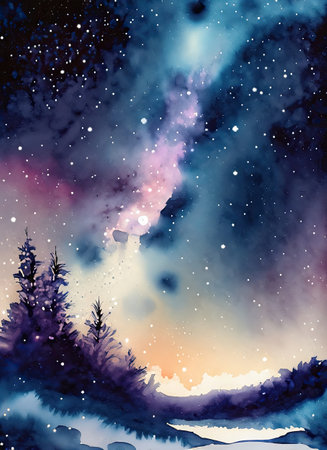Night sky with clouds and stars, watercolor illustration for your designの素材