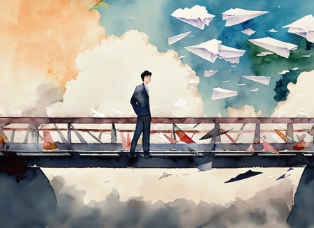 Businessman standing on the bridge and looking at the flying paper planesの素材