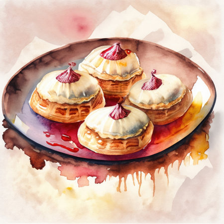 Watercolor illustration of eclairs with whipped cream and raspberry jamの素材