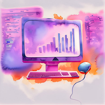 Computer screen with charts and graphs on abstract watercolor background. Digital illustration.の素材