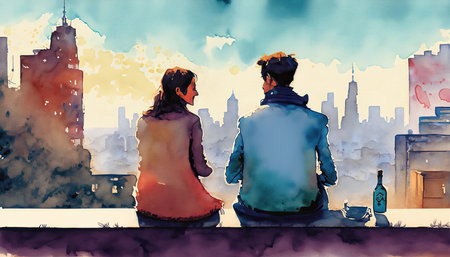 Couple in love in the city. Digital watercolor painting.の素材