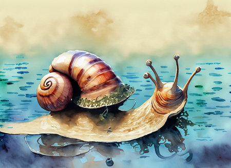 Snail on the surface of the water, 3d illustration.の素材