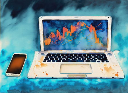Laptop and mobile phone on abstract watercolor background. Business conceptの素材