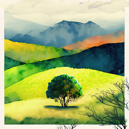 Watercolor landscape with tree and mountains. Hand drawn illustration for your designの素材