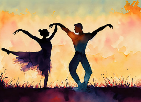 Silhouette of dancing couple in watercolor style. Digital art painting.の素材