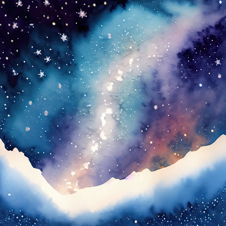 Watercolor galaxy background with stars and snowflakes. Hand painted illustration.の素材