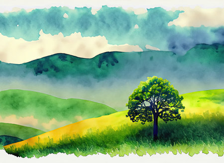 Watercolor landscape with tree and hills in the background, vector illustrationの素材