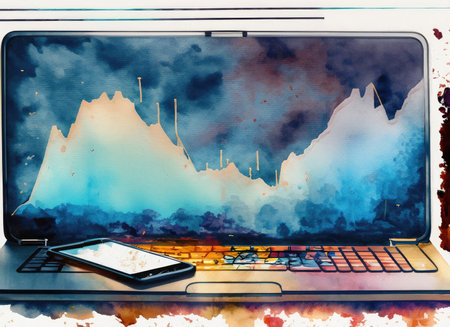 Laptop with mobile phone on the background of a watercolor paintingの素材