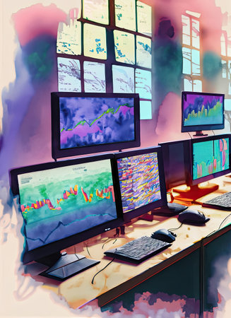 Computer room with many monitors and computers. 3D illustration. High resolution.の素材