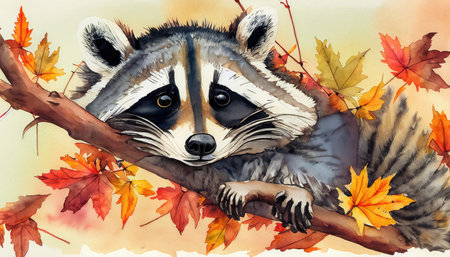 Cute raccoon with autumn leaves on a branch. Watercolor illustration.の素材
