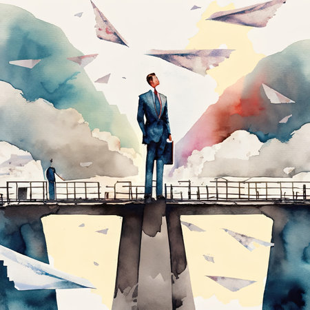 Businessman standing on bridge and looking at clouds. Watercolor illustrationの素材