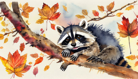 Watercolor illustration of a raccoon on a branch with autumn leavesの素材