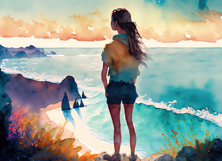 Digital painting of a young woman standing on a cliff by the seaの素材