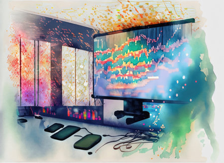Digital Illustration of a Room with a Computer Monitor and Graphsの素材