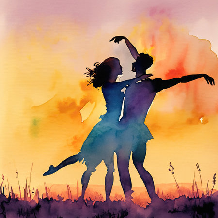 Silhouette of young couple dancing in the meadow. Watercolor paintingの素材