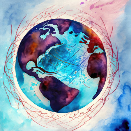 Watercolor planet Earth on watercolor background. Hand drawn illustration.の素材