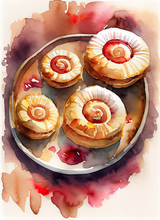 Watercolor illustration of three cakes on a plate with a red backgroundの素材