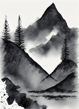 Mountains and coniferous forest. Black and white illustration.の素材