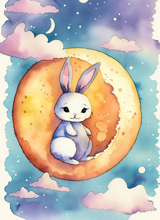 Cute cartoon rabbit sitting on the moon. Watercolor illustration.の素材
