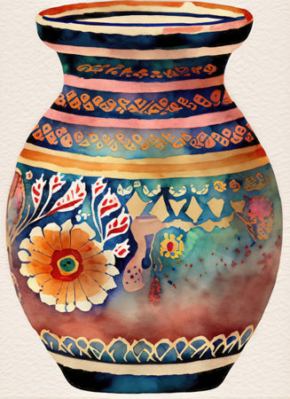 Ceramic vase with floral ornament. Hand-drawn illustration.の素材