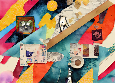 Abstract colorful watercolor background with a lot of different geometric elements.の素材