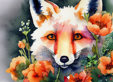 Watercolor fox with poppies. Hand drawn illustration for your designの素材