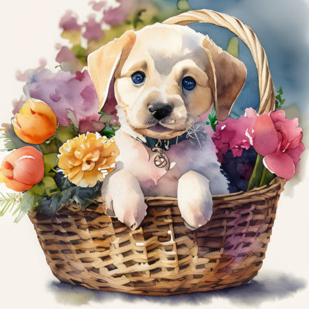 Cute yellow labrador puppy sitting in a basket with flowers.の素材
