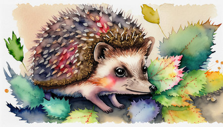 Hedgehog in autumn leaves. Watercolor hand drawn illustration.の素材